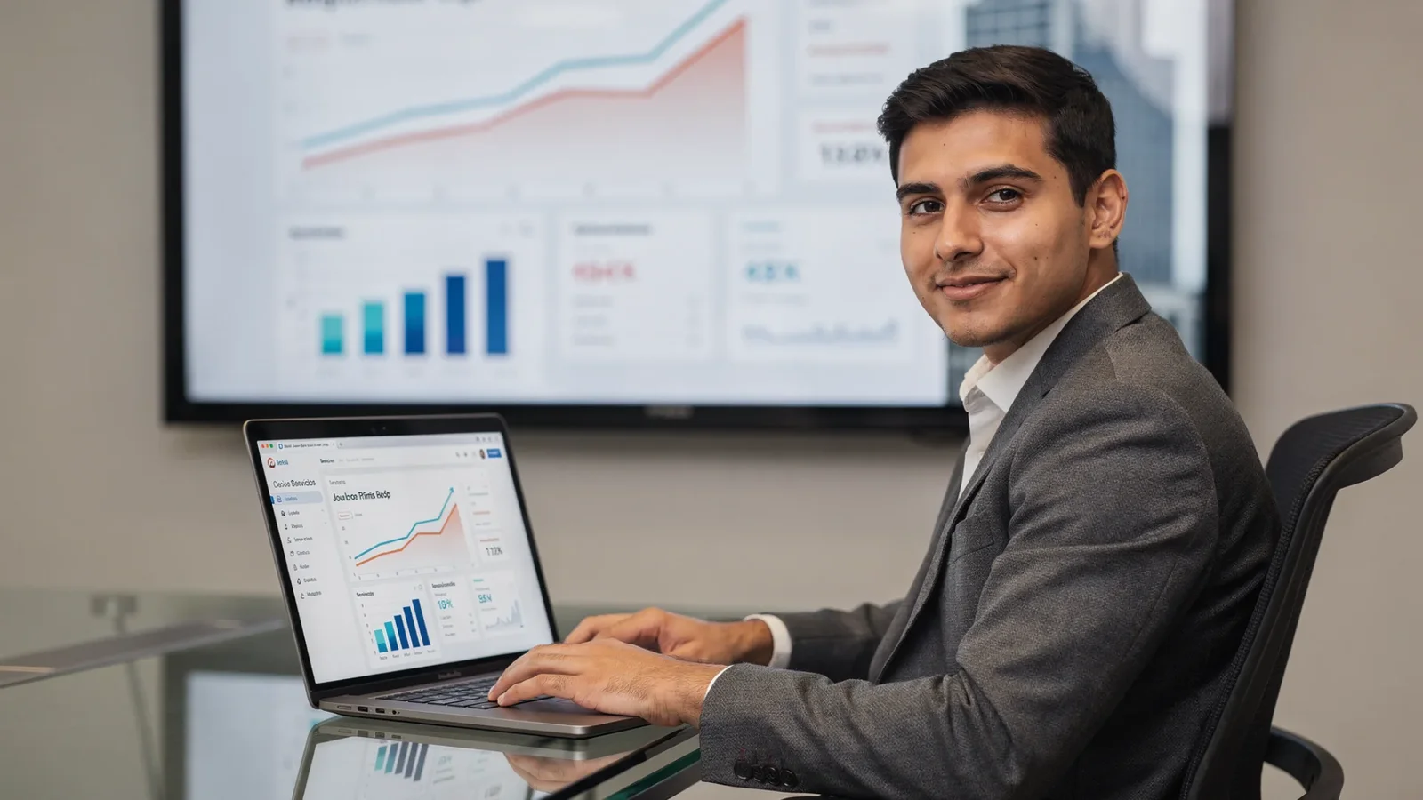 Emprendedor con portátil y gráficos de crecimiento digital, presencia web exitosa